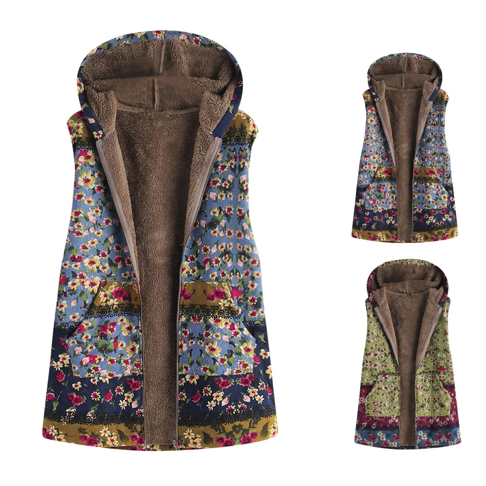 Ladies Coat Warm Winter Cardigans Zipper Plush Colorful Printed Hooded Sleeveless Vest Comfortable Tops | Женская одежда