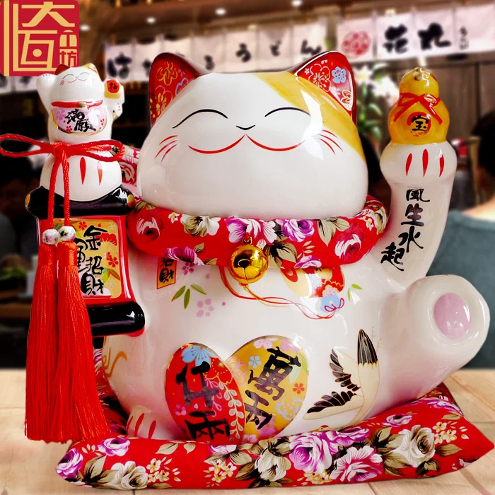 Черный Maneki Neko керамический счастливый кот с Lute украшения для домашнего декора