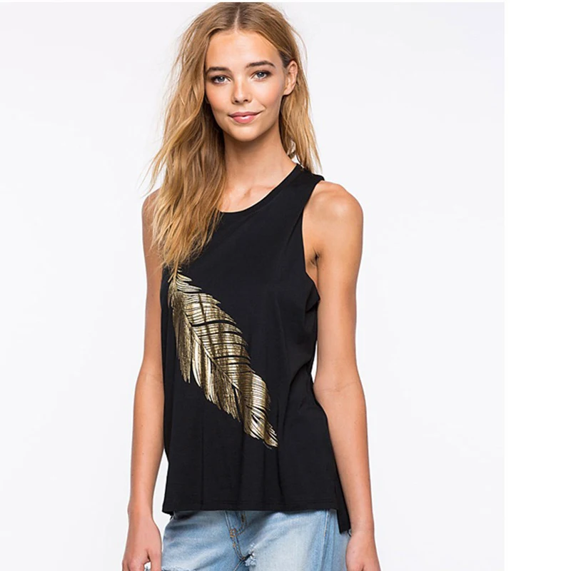 Awaytr Повседневное черный топ Для женщин майка тиснения перо шаблон печати Тонкий