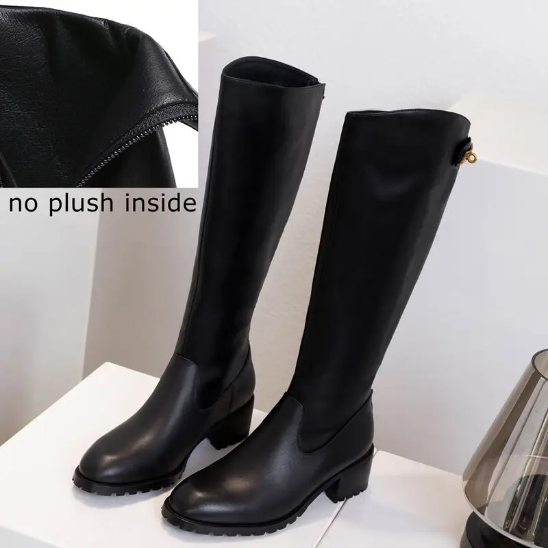 no plush inside ALLBITEFO/высококачественные женские сапоги до колена из натуральной и искусственной кожи на толстом каблуке новые зимние женские сапоги высокие сапоги на высоком каблуке - Цвет: no plush inside