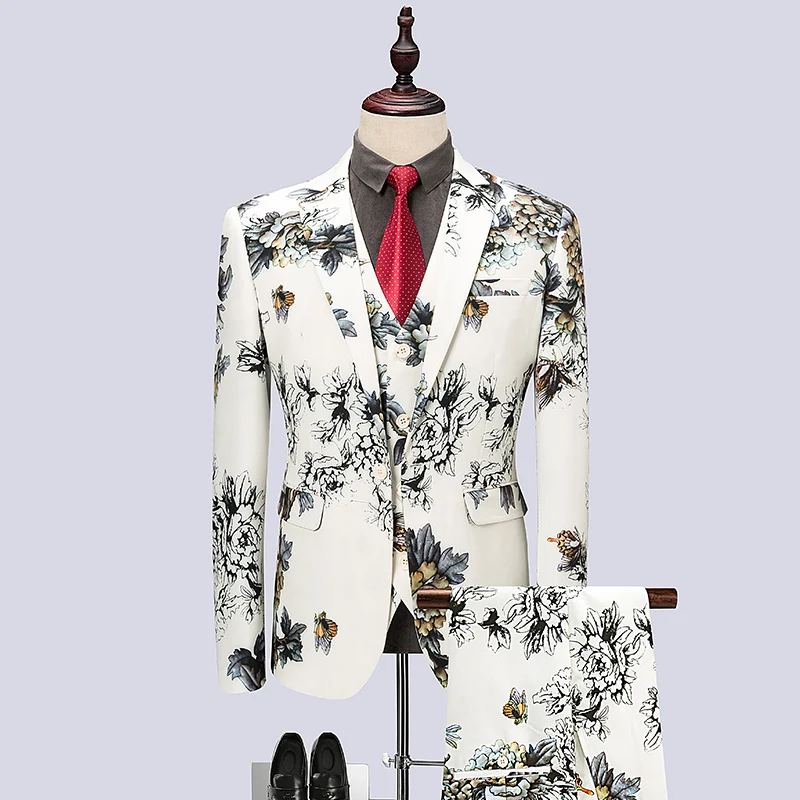 

(Jacket+Vest+Pants) 2018 Flower color Men Suits Fashion Men's Slim Fit business wedding Suit men Wedding suit full size M-6XL