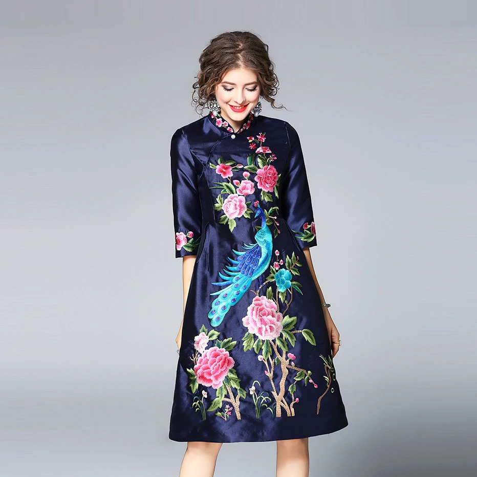 2018 Элегантный Вышивка Cheongsam Летнее платье для Для женщин Китайский Стиль