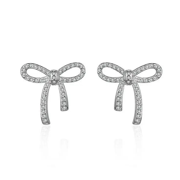 

New arrival fashion bowknot shiny zircon 925 sterling silver ladies stud earrings women birthday gift wholesale female