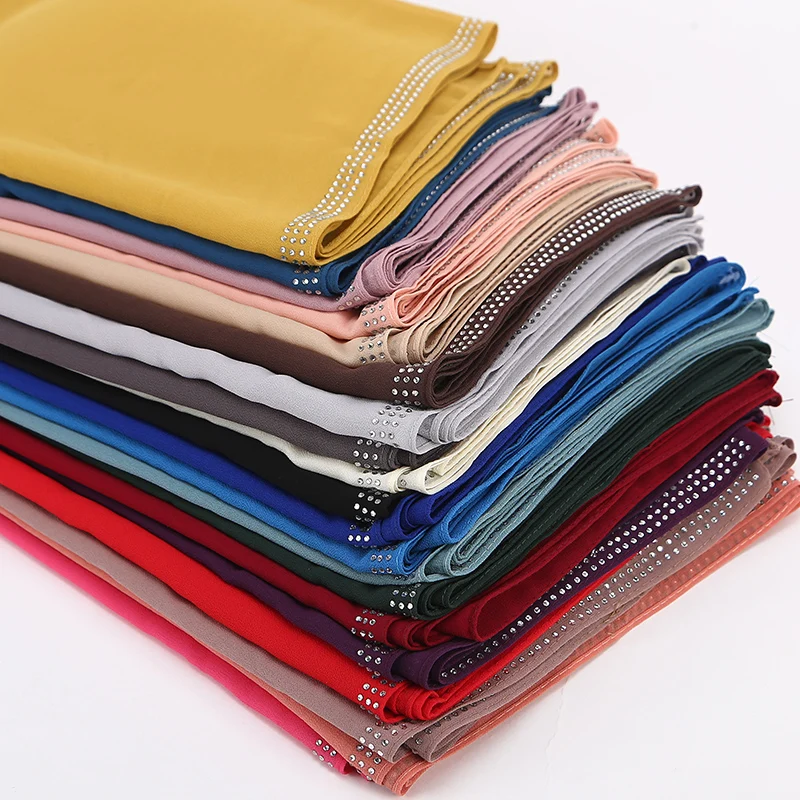 

50pcs women Shining three rows Rhinestone plain crystal scarf solider color bubble chiffon scarf shawl muslim scarf MLS057