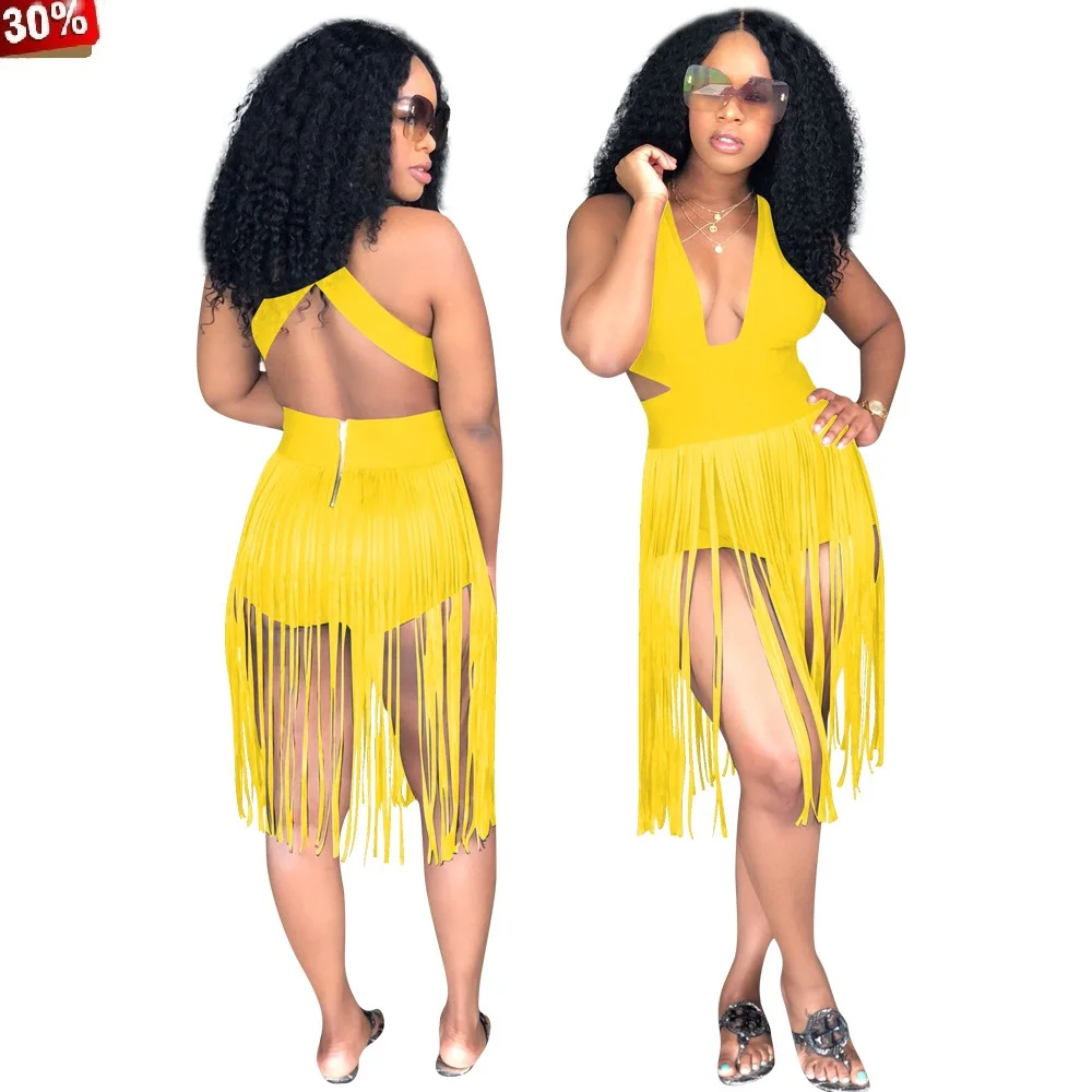 Женский комбинезон с открытой спиной боди кисточками без рукавов v образным