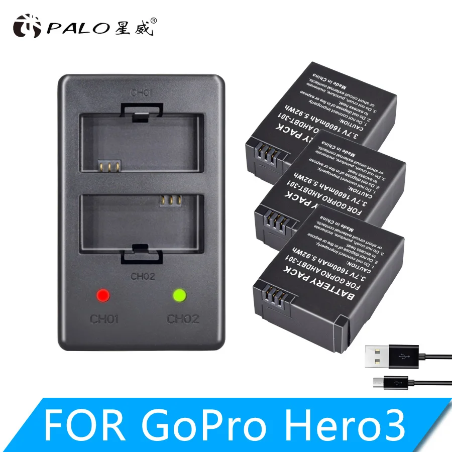 PALO 1600mAh батарея для экшн-камеры GoPro AHDBT-201/301 Gopro Hero 3 3+ AHDBT-301 AHDBT-201 батарея для go pro Аксессуары - Цвет: 3pcs and charger