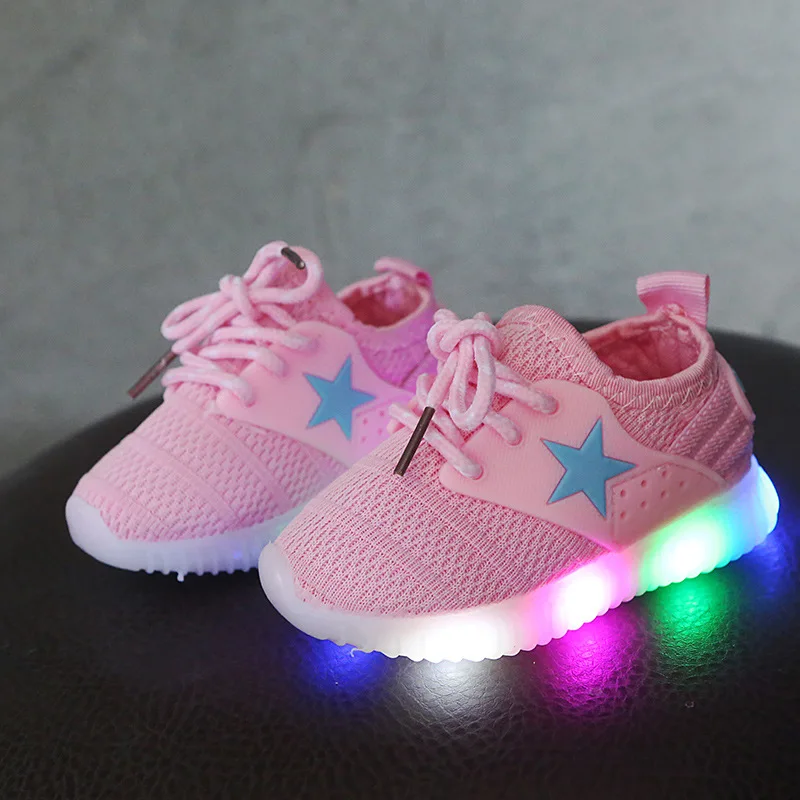 Pink Светодиодный светильник, обувь для детей 1-3 лет, детские кроссовки с задней частью, светильник, Розовая обувь для девочек, дышащая повседневная обувь для малышей, черная/синяя, B08012 - Цвет: Pink