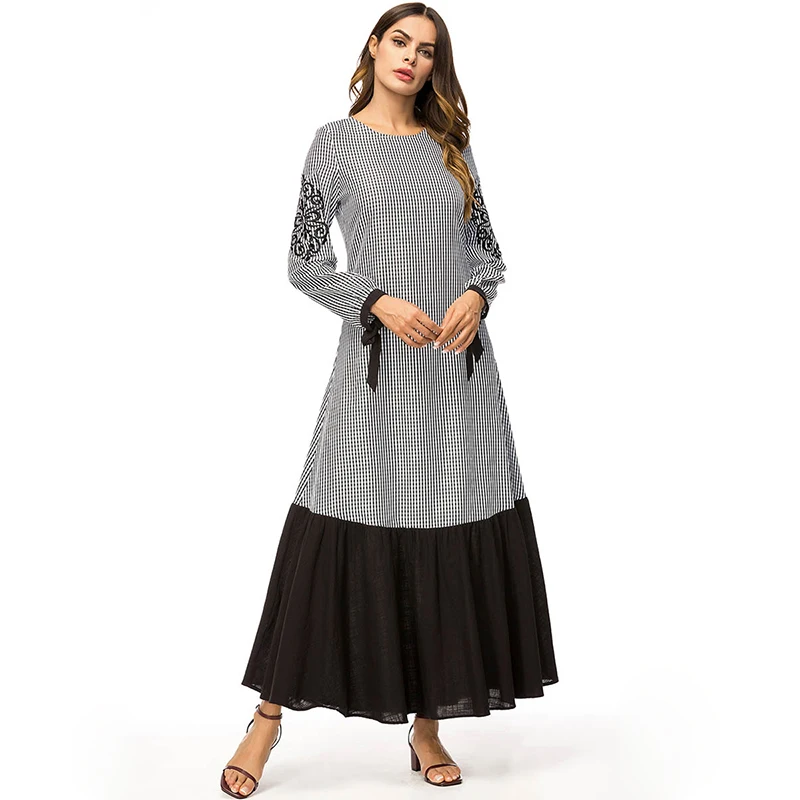 Women Vintage Lace Patchwork Party Dress Fashion O-Neck Plaid Embroidery Muslim A-Line Long Sleeve Maxi Plus Size | Женская одежда