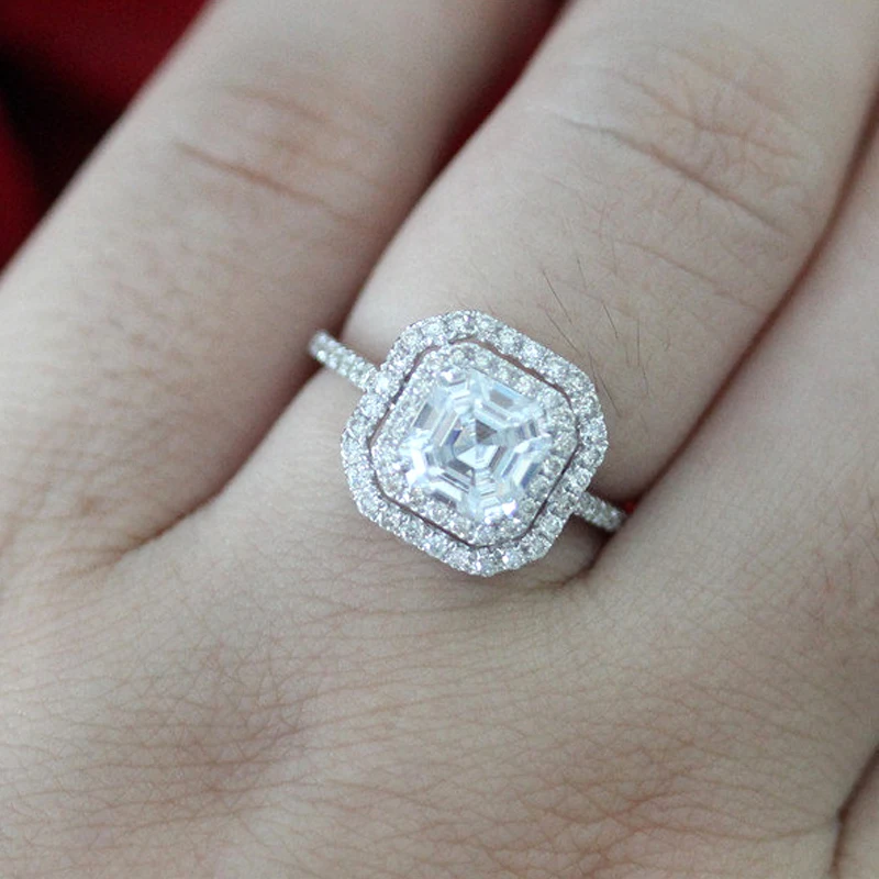 Великолепное 1.3ct 6,5 мм огранка камня «asscher Cut» обручальное кольцо 14 к белое золото двойной Halo обручальное кольцо для женщин