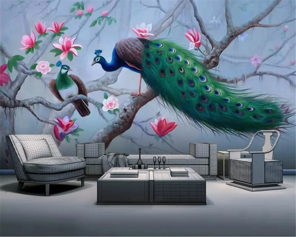 

beibehang Custom papier peint fashion 3D stereo embossed peacock magnolia TV classic environmental papel de parede wallpaper