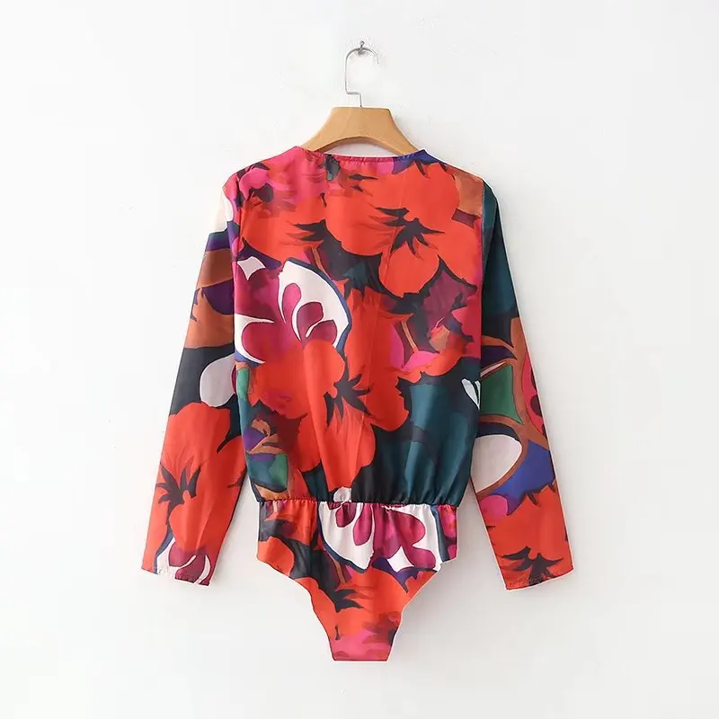 Женский комбинезон с v образным вырезом и цветочным узором эластичной резинкой