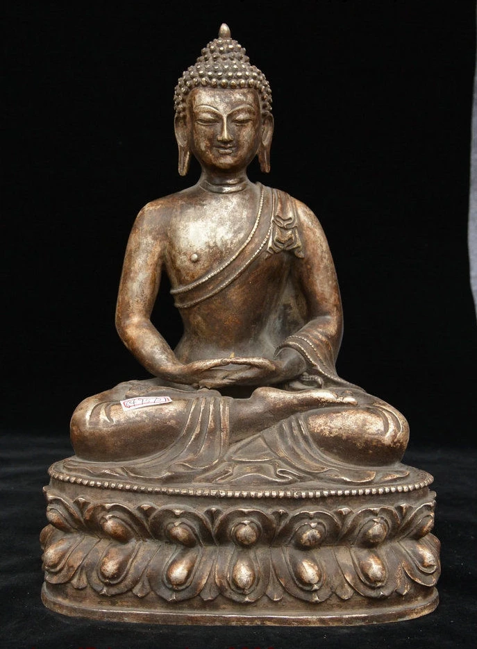 

Old Tibet Buddhism Silver Shakyamuni Amitabha Buddhas Sakyamuni Tathagata Statue