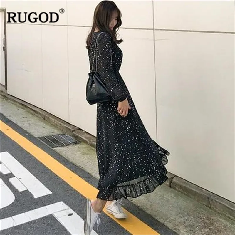 Шикарное длинное платье RUGOD с принтом звезд женское модное черное шифоновое