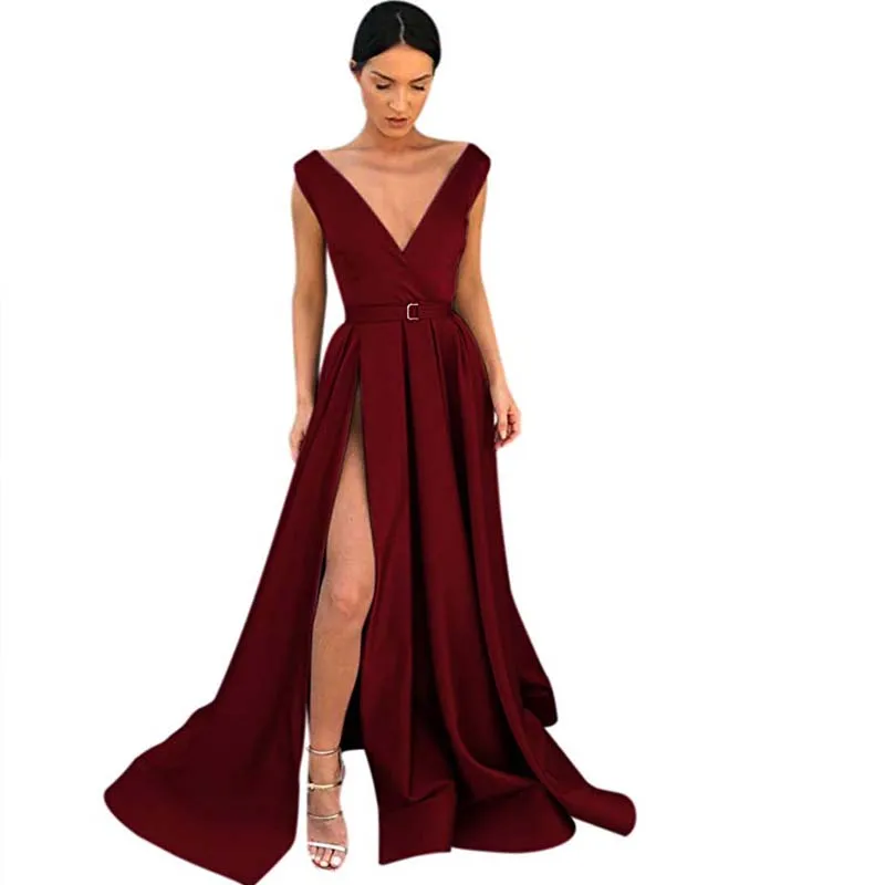 

Real Photo Pink Evening Dresses Split Side V-Neck Sexy Long Floor-Length A-line Elegant Customized Backless Evening Gown