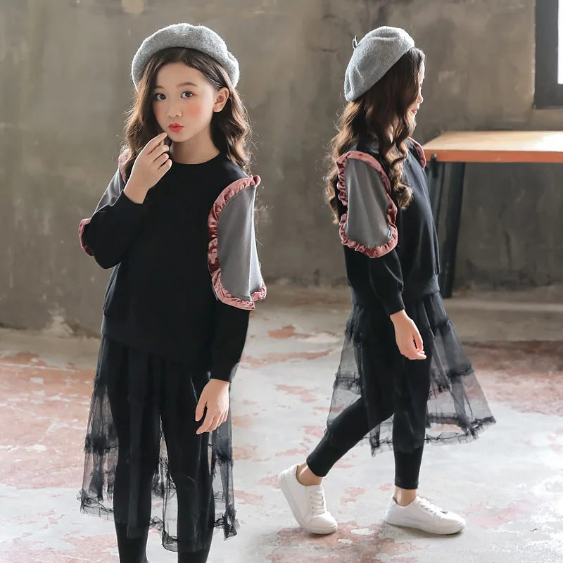 Детская одежда для девочек-подростков черный серый свитер с длинными рукавами +