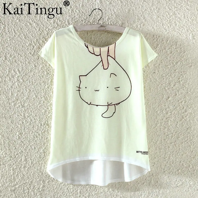 KaiTingu, летняя, кавайная, милая, модная футболка, Harajuku, высокая, низкая, стильная, с принтом, футболка, короткий рукав, футболка, женские топы, размер M, L, XL