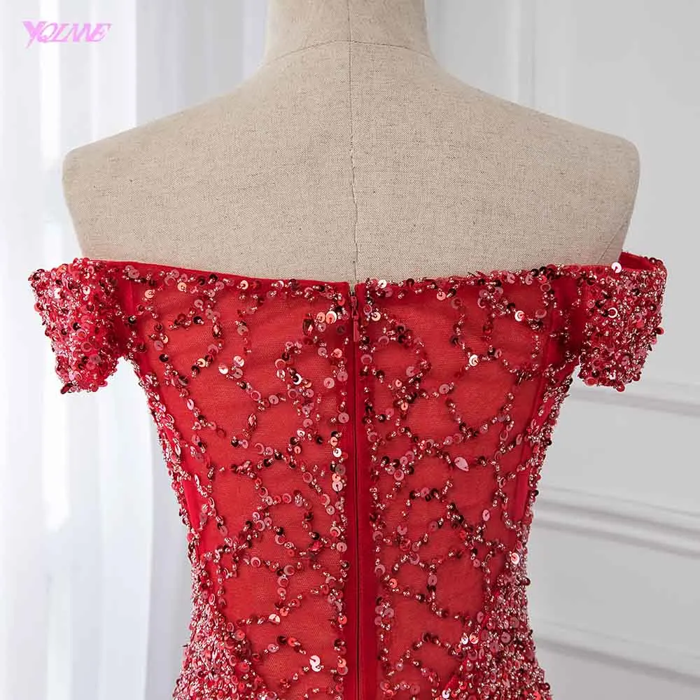 Off Shoulder Red Mermaid Evening Dress 2019 Formal Dresses Gown Competition Robe de Soiree Sequin Beading Tulle YQLNNE | Свадьбы и
