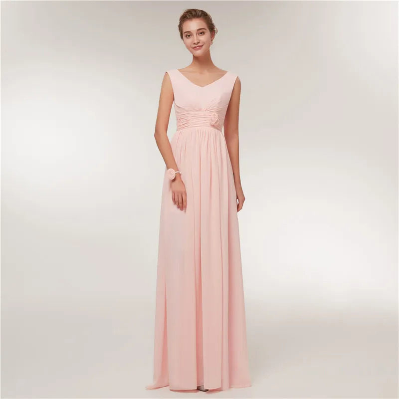 Pink-A-V neck Простое длинное шифоновое розовое платье подружки невесты Vestido De Festa De Casamento Вечерние платья на выпускной - Цвет: Pink-A-V neck