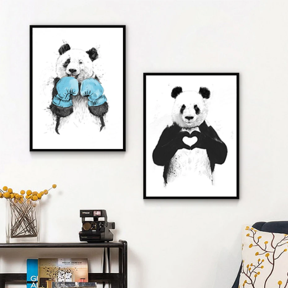 

Funny Cute Boxing Panda Animal Banksy Canvas Prints Painting Nursery POP Wall Art Pictures Poster For Kids Room Home Decoration