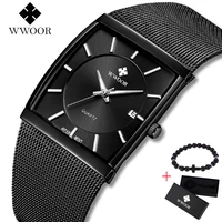 2019 top brand wwoor luxury mens square quartz watches male date black stainless steel mesh business sports men watch free gift