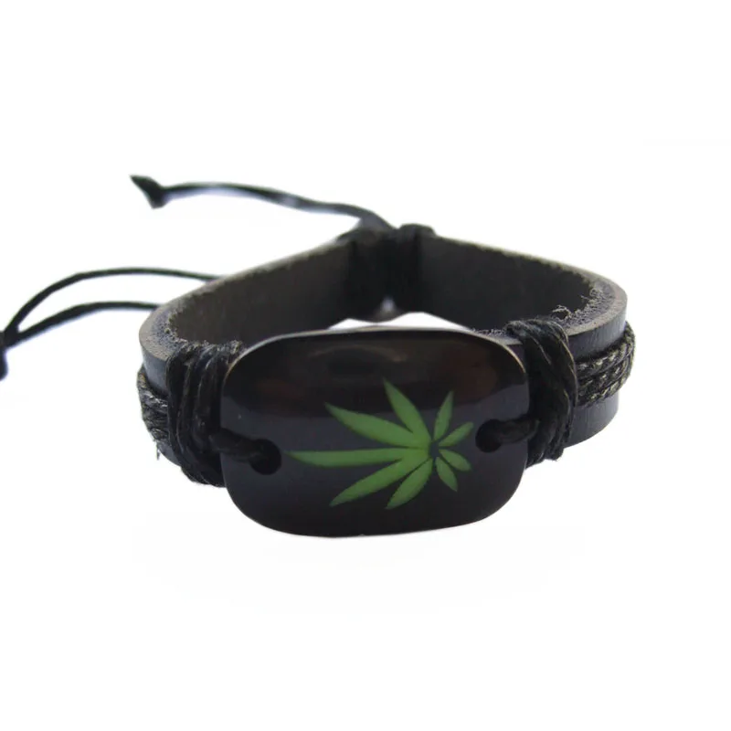 1 шт. черный кожаный браслет зеленый лист конопли шарм браслеты и для женщин|wristband