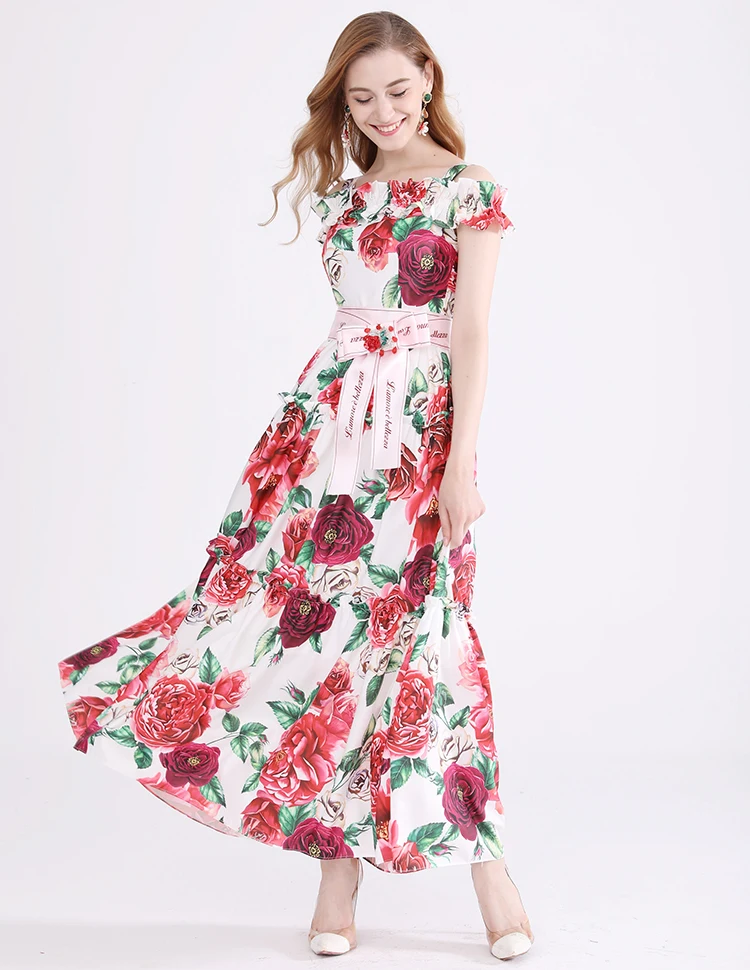 MoaaYina Fashion Designer Runway Dress Summer Women Spaghetti Strap Rose Floral Print Ruched Beading loveliness Elegant Dress