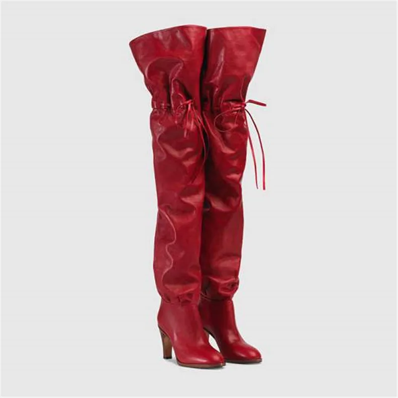 Autumn Winter Newest Slim Fit Red Leather Thigh High Boots Strap Long Spike High Heel Designer Plush Botines Shoes Woman 2022
