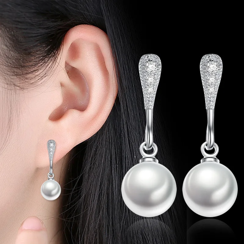 

Classic White Gold Plated Pearl Earrings for Women Ladies New Fashion Cubic Zirconia Water Droplets Stud Earring Party Jewelry