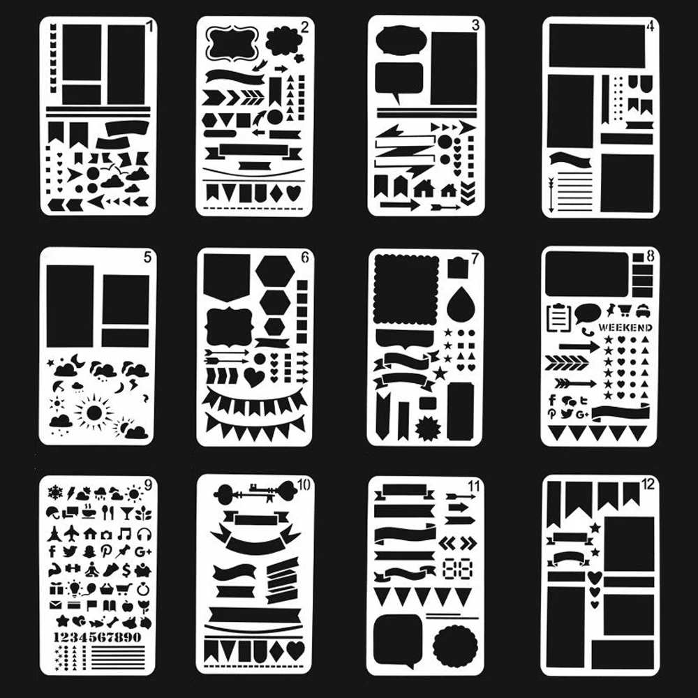 12 пластиковых трафаретов для дневников шаблон пустой баннер погода инкон