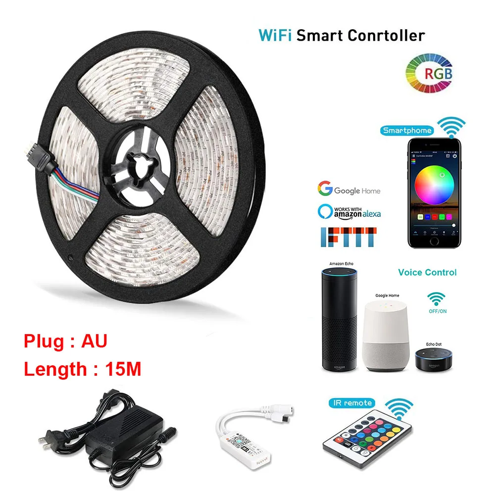 15M-AU Смарт-Управление; Wi-Fi, Управление RGB светодиодный светильник лента 5 м 10 м 15 М 5050 Водонепроницаемый IP65 Неон Рождественский гибкий светильник 12V 5A адаптер - Цвет: 15M-AU