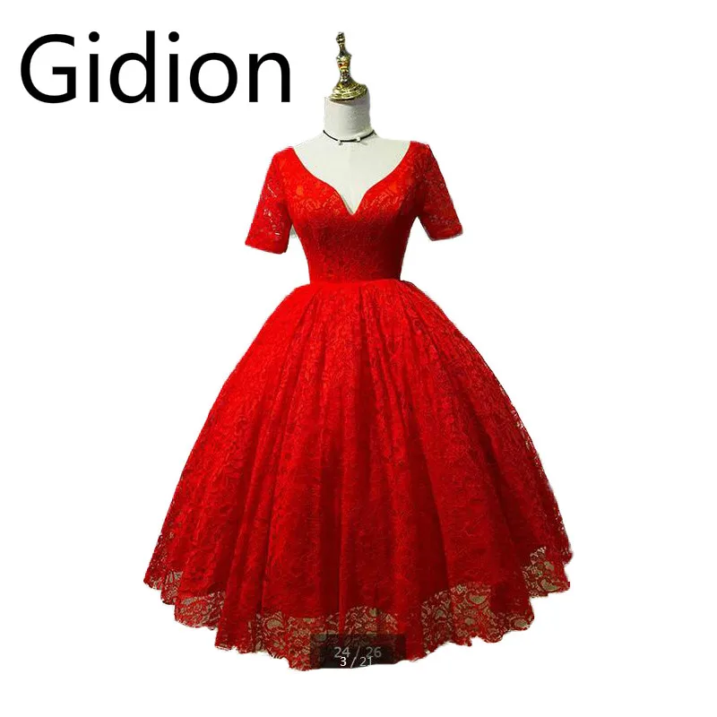 Новое поступление красное кружевное бальное платье свадебное с коротким рукавом