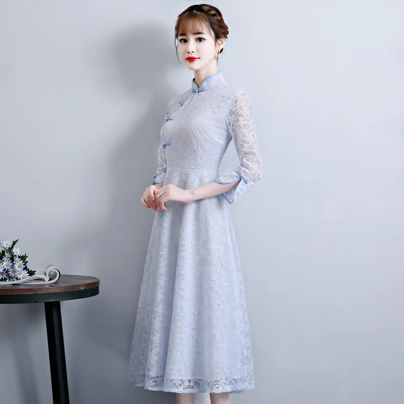 Модное кружевное платье Ципао в Корейском стиле с коротким рукавом Cheongsam Goddess