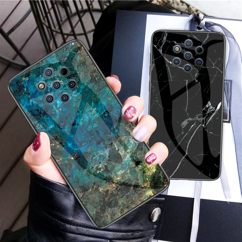 Чехол для Nokia 9 Pure View роскошное Мраморное закаленное стекло силиконовая рамка