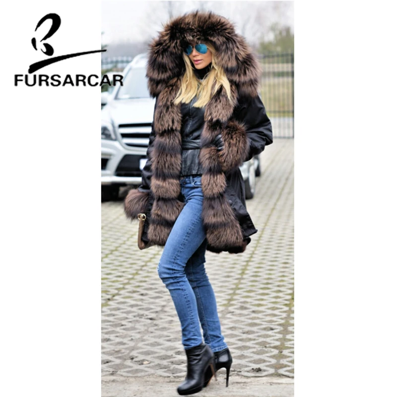 FURSARCAR Luxury New Real Fur Coat Women 80 CM Length Top Quality Winter Thick Warm Fur Parka With Fox Fur Trim Hood And Cuff
