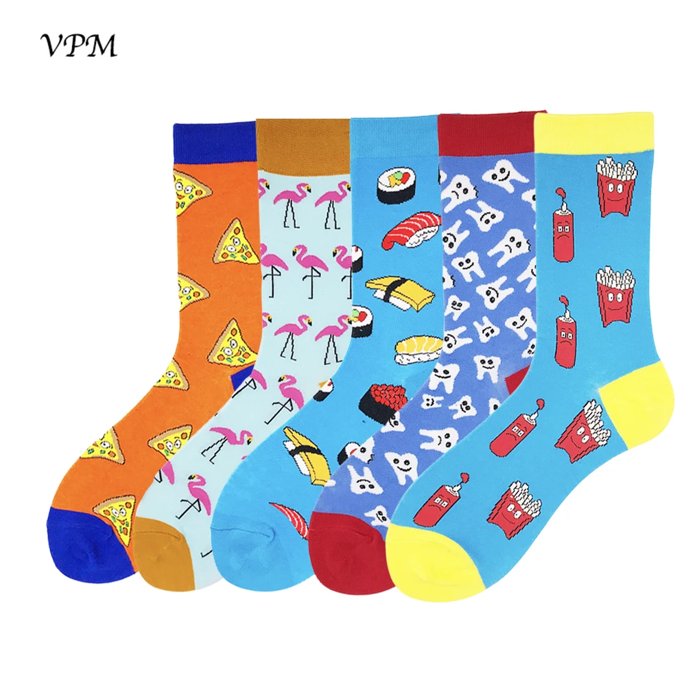 VPM Combed Cotton Men's Socks Colorful Funny Flamingos Sushi Two Size for Eu 35-48 Wedding Sock Christmas Gift 5 Pairs/set | Мужская