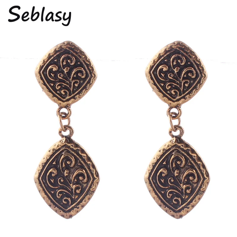

Seblasy Vintage Bohemian Antique Gold Color Geometric Square Carved Leaves Dangle Earrings for Women Hanging Jewelry