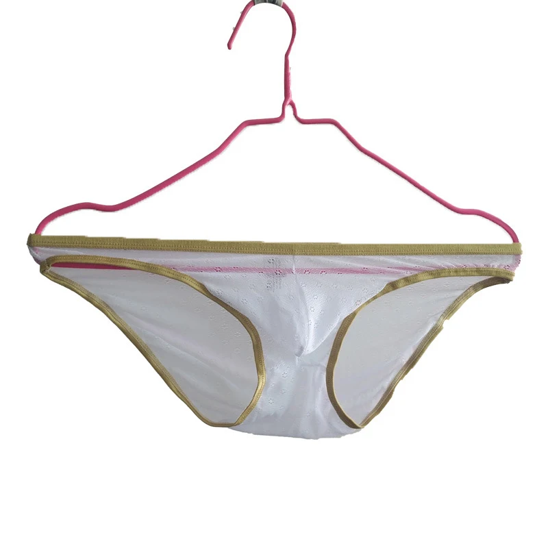 Мужские кружевные трусы бикини белые прозрачные дышащие танга с мешочком для