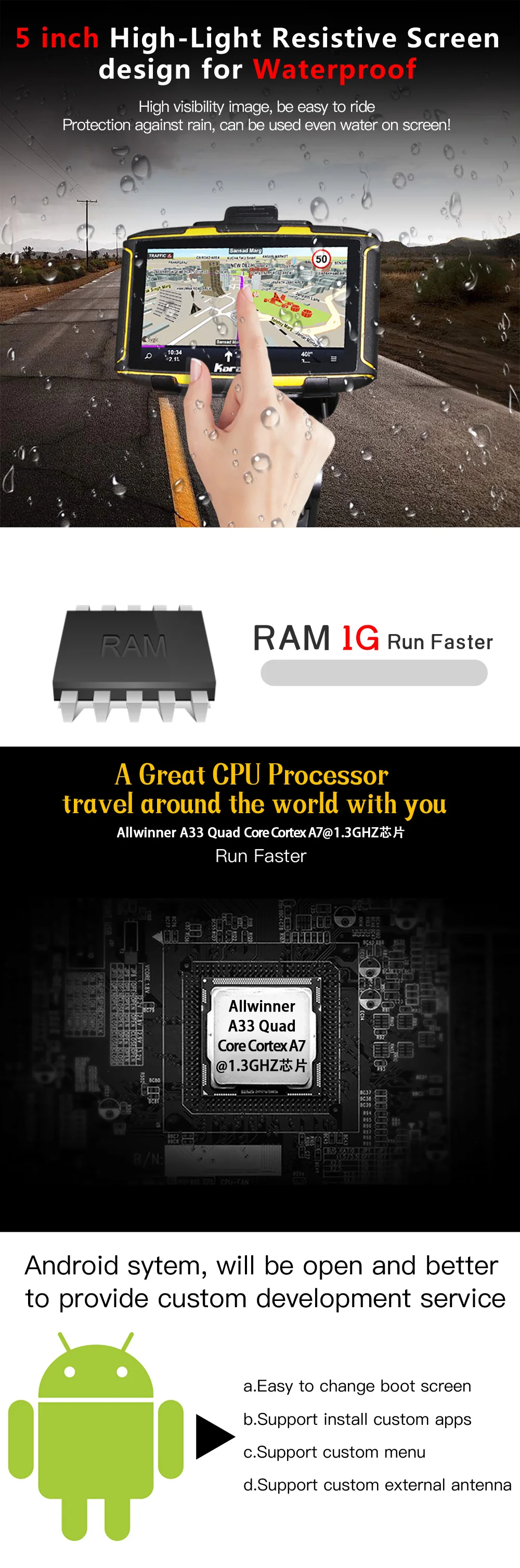 KARADAR Лучший Водонепроницаемый IPX7 мотоцикл gps Android 4.4.3 с WI-FI, Bluetooth, FM радио, AV-IN ips 854*480 экран Оперативная память 1 Гб