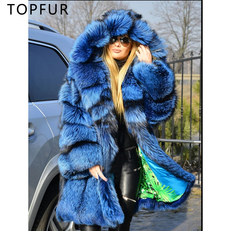 Женская шуба из натурального Лисьего меха TOPFUR теплая Длинная зимняя с капюшоном