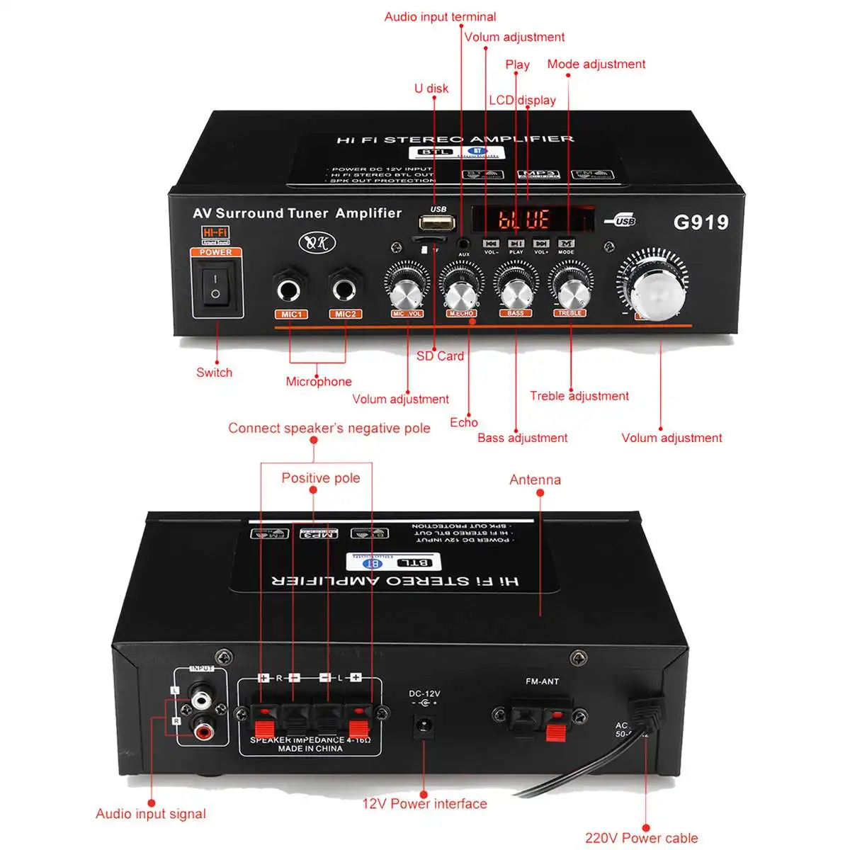 360 Вт HIFI 2CH аудио усилитель мощности 110/220 в звуковая система мини FM USB SD усилители