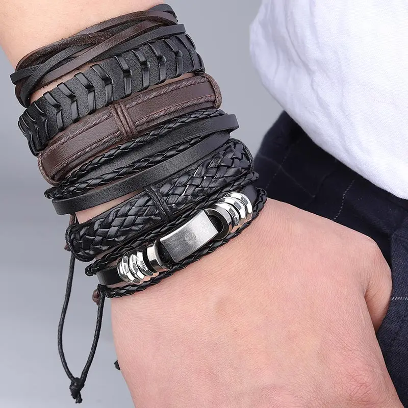 Crazy Feng Винтаж ручной работы Плетеные Браслеты Набор для мужчин Панк Рок Geometrice полые обёрточная бумага кожа баклеты браслеты Мужской ювелирны