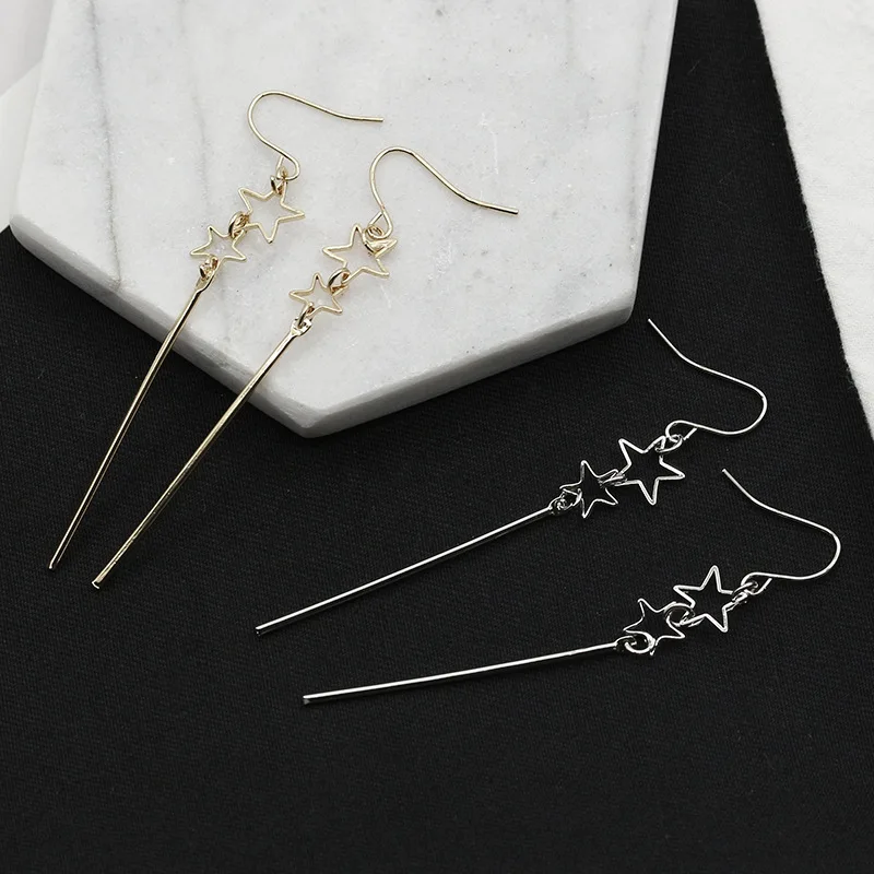 Длинные серьги с полыми звездами висячие золотого и серебряного цвета