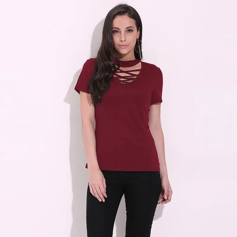 CELMIA Лето Для женщин Blusas Chocker глубокий вырез из блузки короткий рукав рубашки Обычная тонкая Однотонная футболка Oversize Топы S-4XL