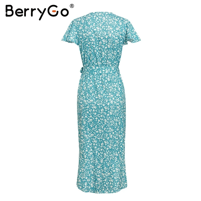 BerryGo Sexy V шеи печати wrap летнее платье женские Элегантный рюшами sash балахон длинное