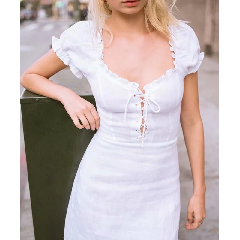 Vestidos летнее богемное кружевное платье с квадратным воротником элегантное женское мини пляжное платье Красное Белое корейское модное уличная одежда