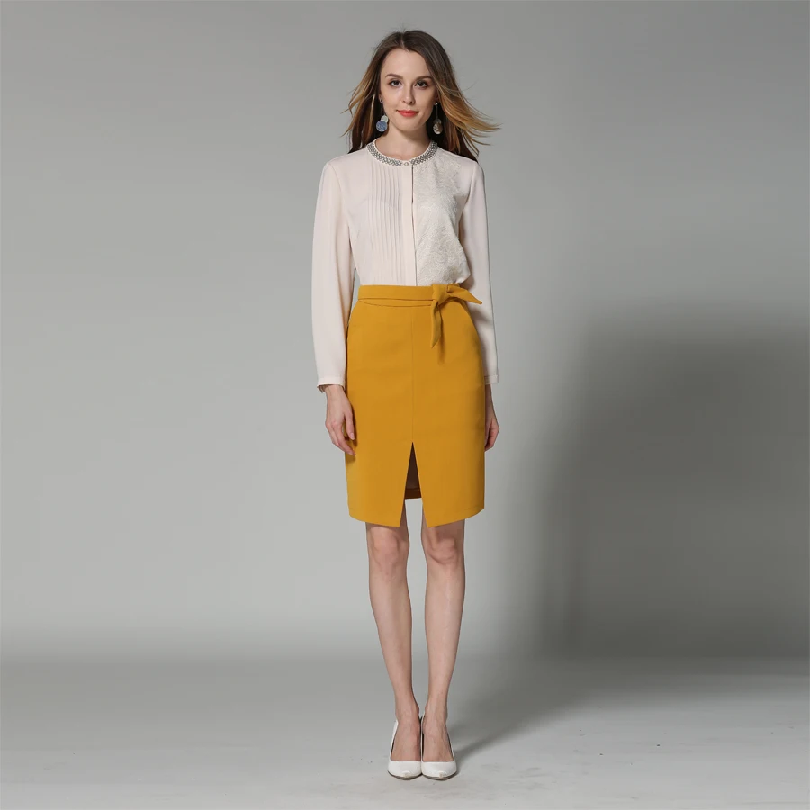 Юбка карандаш KoHuiJoo Женская черная желтая серая с большим бантом|front slit skirt|ladies pencil