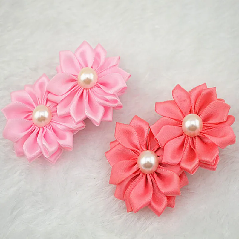 Сплошной цвет Kanzashi лепесток цветок жемчуг центр слоистая атласная лента для волос Цветы с аллигатором зажимы 10 шт./упак