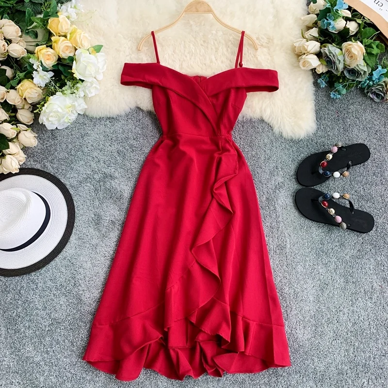 ALPHALMODA женское изящное плиссированное платье с открытыми плечами, тонкое асимметричное платье на бретельках, Летнее Платье До Колена