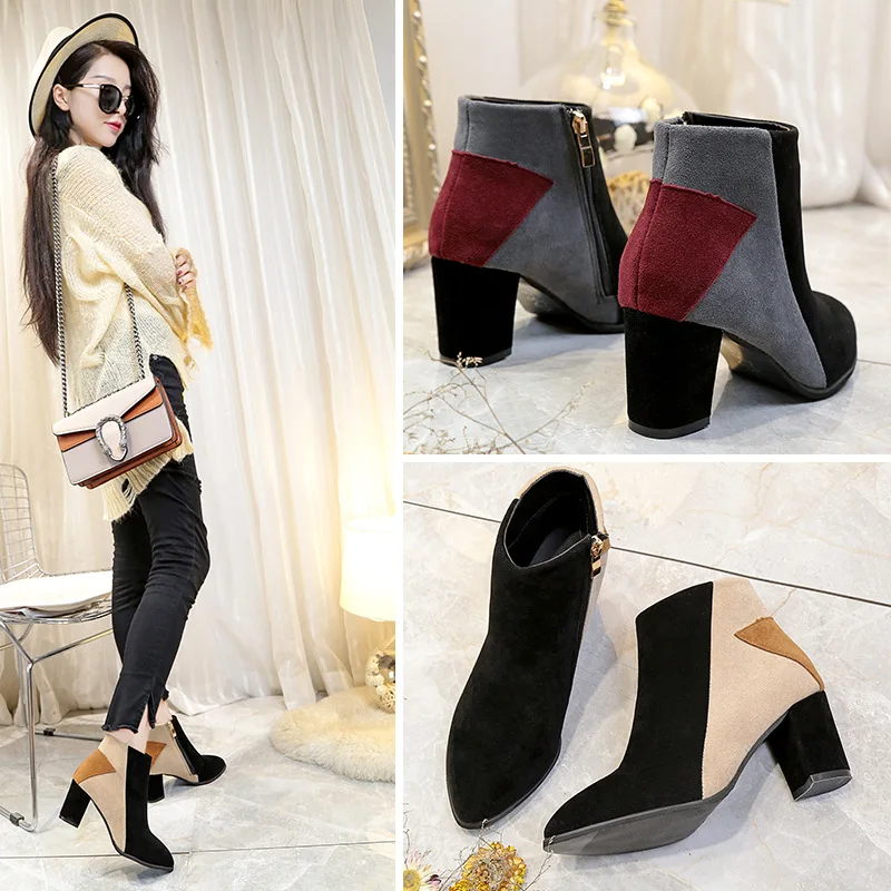 Новая женская обувь ботильоны Сапоги для верховой езды женские из флока на