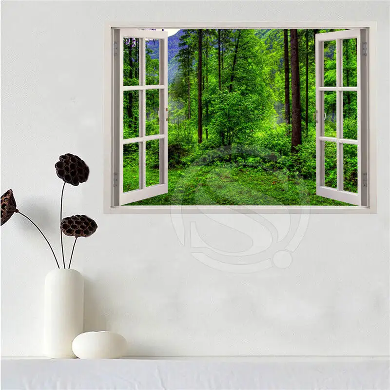 Холщовый постер на заказ тканевый настенный с принтом лес за пределами окна
